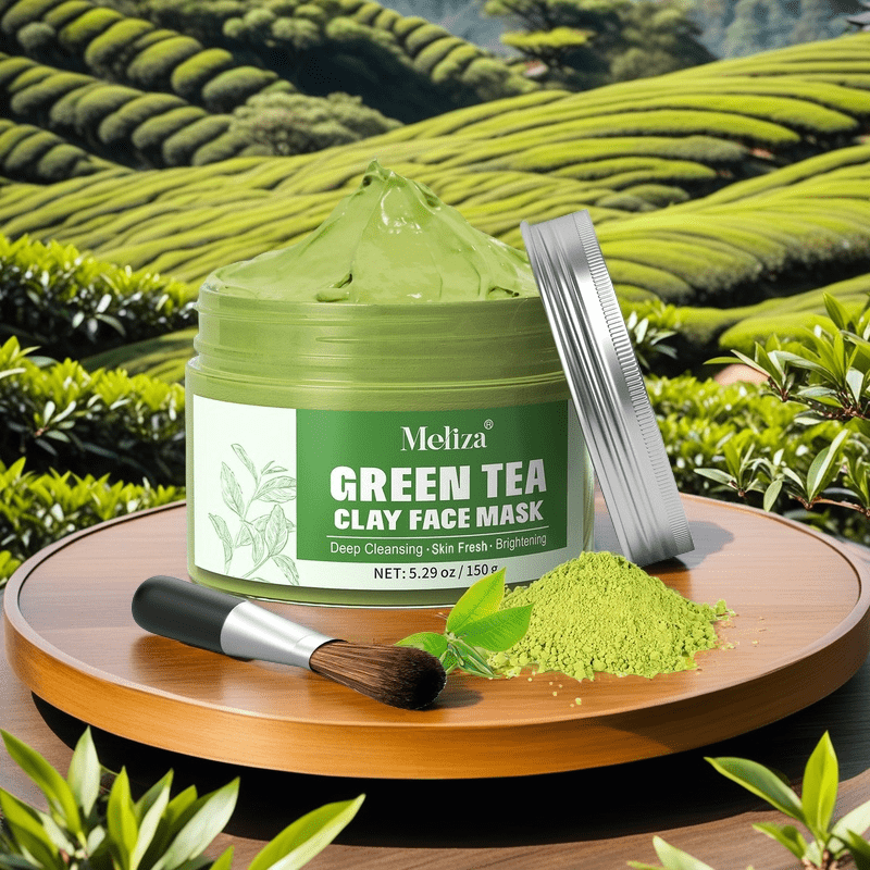 green tea cleansing clay face mask with brush cleansing oil control aloe enriched formula for oily light beige physical exfoliation summer skincare mother s day gift natural design exfoliating Product details 2
